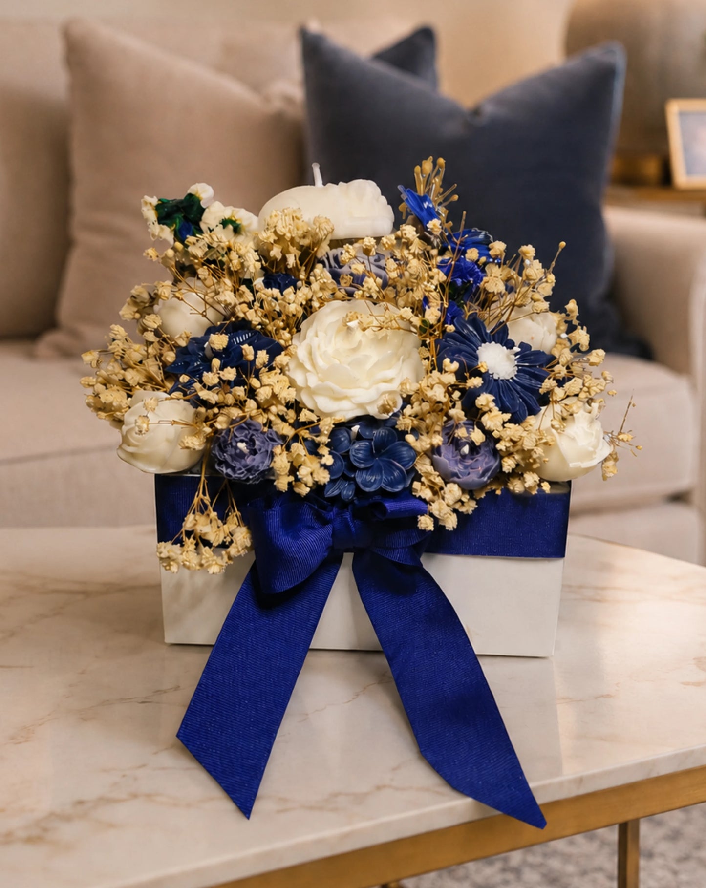 Handmade Floral Candle Blue and white